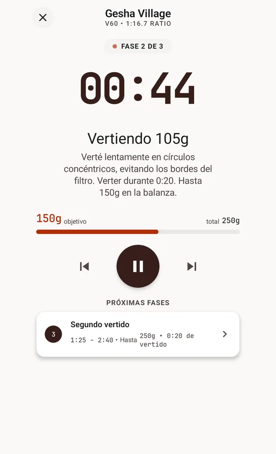 Guided mode with the big clock, the current phase and the grams bar.